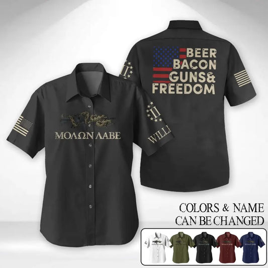 Beer Bacon Guns And Freedom American Patriotism Personalized Hawaiian Shirt Printed.WTA