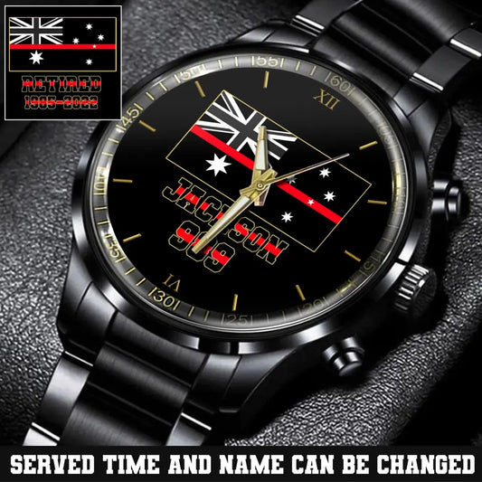 Personalized Australia Firefighter Thin Red Line Name & Badge Number Black Stainless Steel Watch HTH.MT11