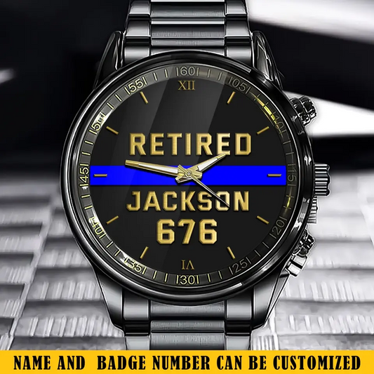 Personalized Retired Police Custom Name & ID Black Stainless Steel Watch TAQ.MT12