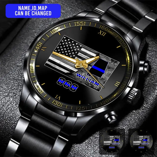 Personalized US Police Map Custom Name & ID Black Stainless Steel Watch QM.MAR19