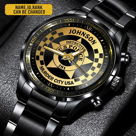 Personalized US Police Black Stainless Steel Watch Printed QM.APR3