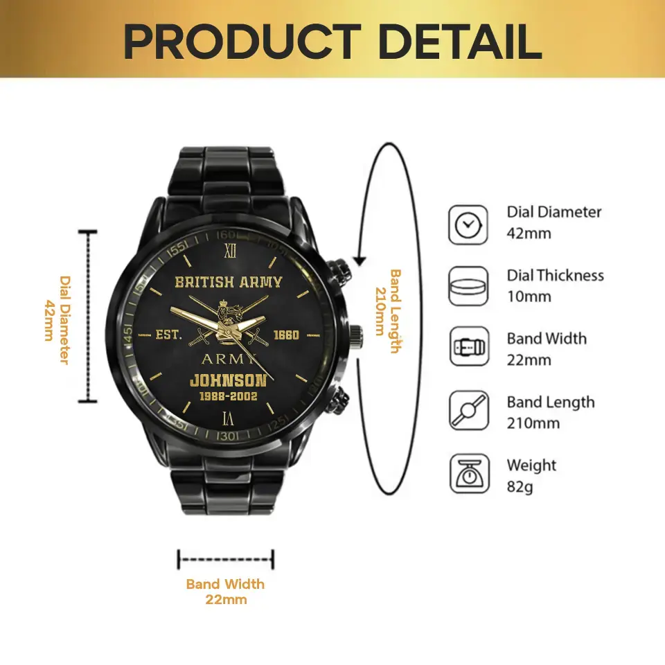 Personalized British Veteran/Soldier Black Stainless Steel Watch Printed QM.APR14-1