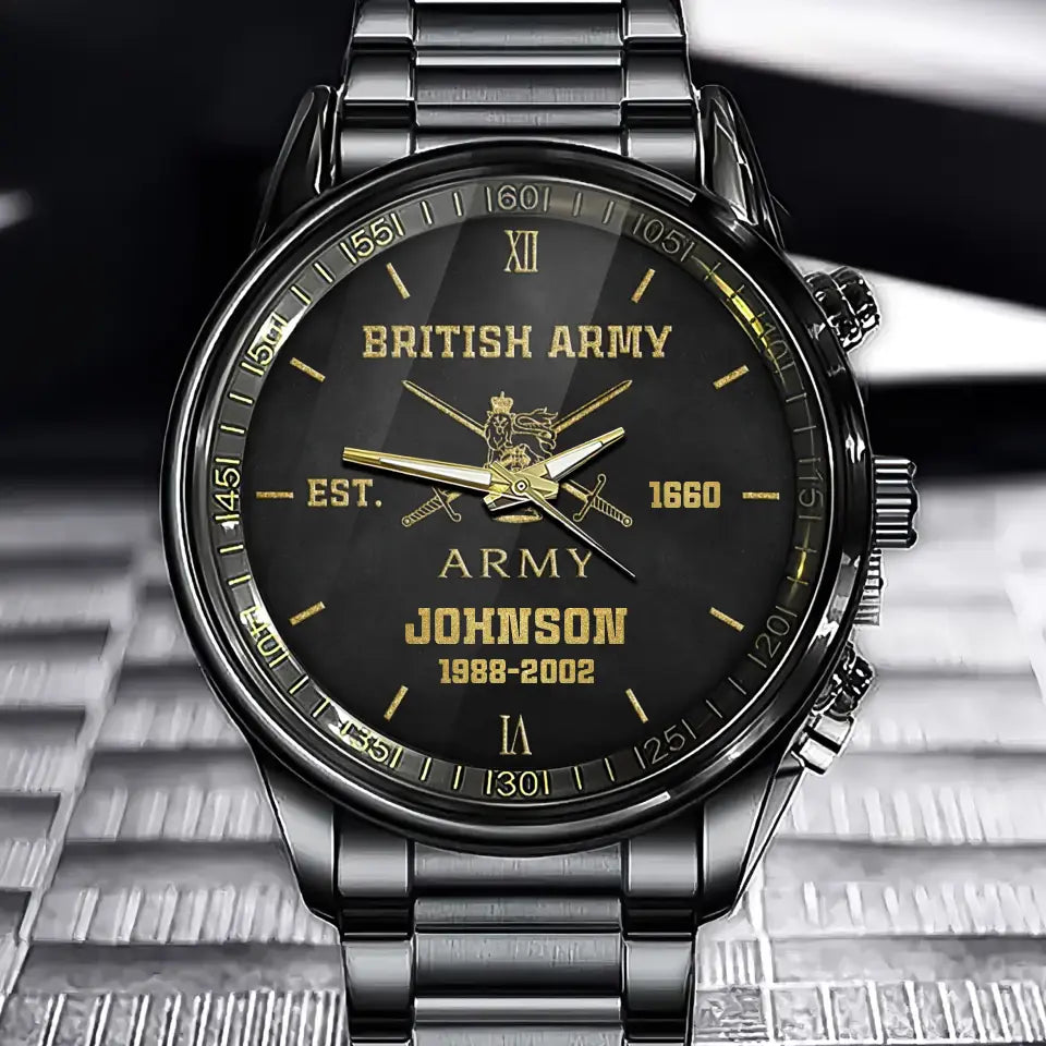 Personalized British Veteran/Soldier Black Stainless Steel Watch Printed QM.APR14-1