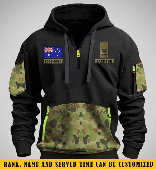 Personalized Australian Veteran Rank Camo Custom Name & Time Quarter Zip Hoodie 2D Printed TAQ971