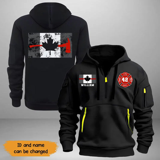 Personalized Canada Flag Canadian Firefighter Custom ID & Name Quarter Zip Hoodie 2D Printed TAQ992