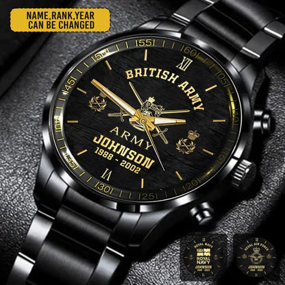 Personalized British Veteran/Soldier Black Stainless Steel Watch Printed QM.APR14-2