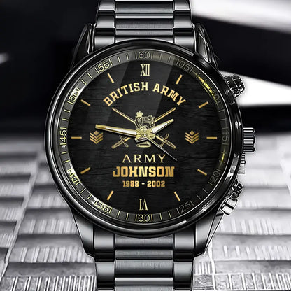 Personalized British Veteran/Soldier Black Stainless Steel Watch Printed QM.APR14-2