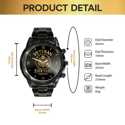 Personalized US Veteran/Soldier Black Stainless Steel Watch Printed QVD.24AP12