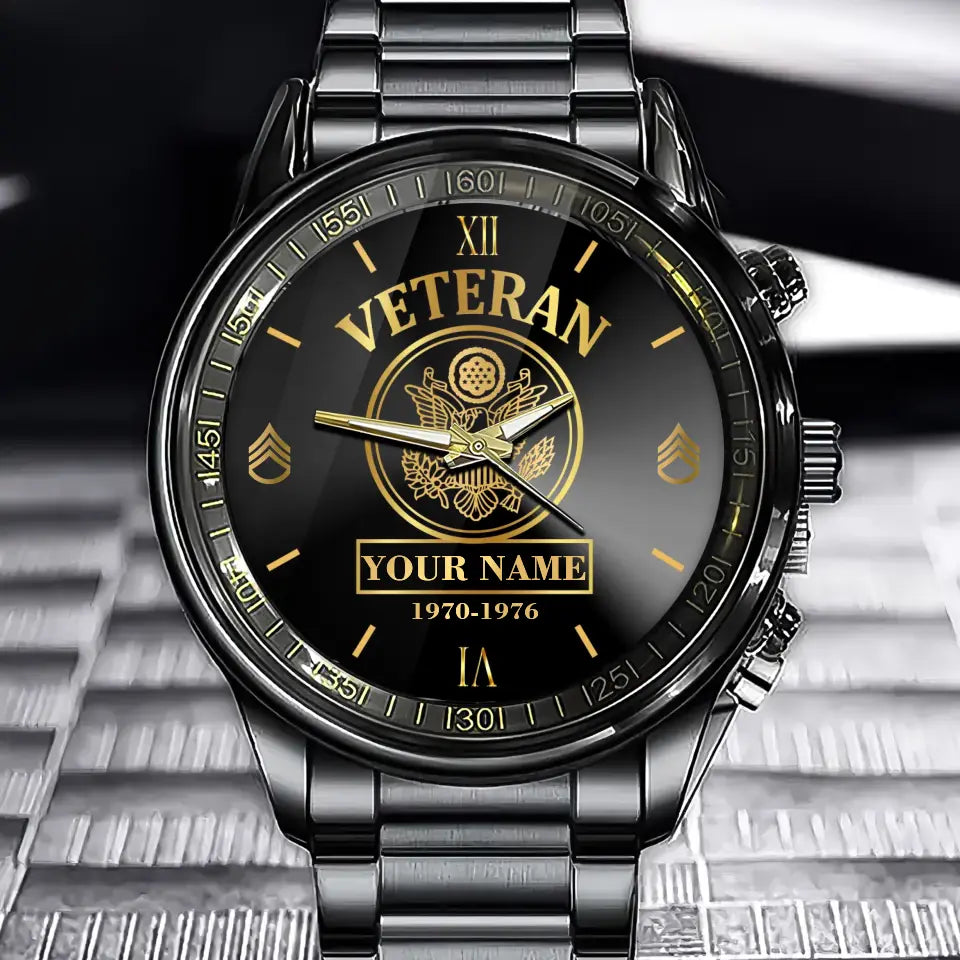 Personalized US Veteran/Soldier Black Stainless Steel Watch Printed QVD.24AP12