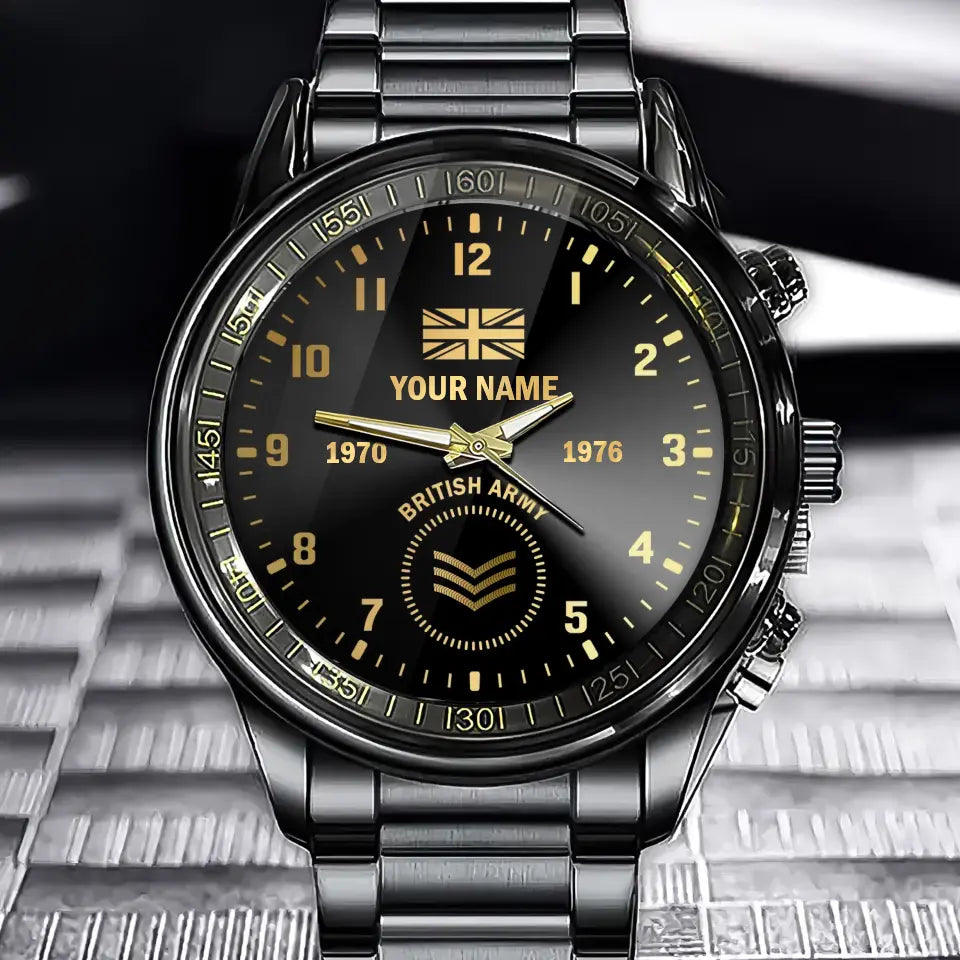 Personalized British Veteran/Soldier Black Stainless Steel Watch Printed QVD.24AP13