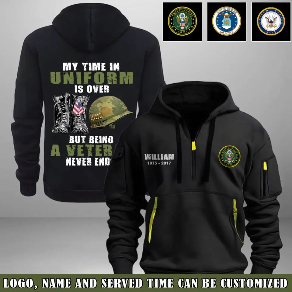 Personalized My Time In Uniform Is Over But Being A Veteran Never Ends US Veteran Quarter Zip Hoodie 2D Printed TAQ1017