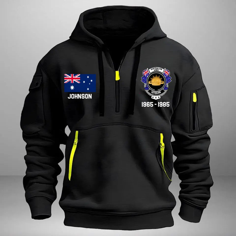 Personalized Australian Army Veteran Custom Name & Time US Flag Quarter Zip Hoodie 2D Printed TAQ1051