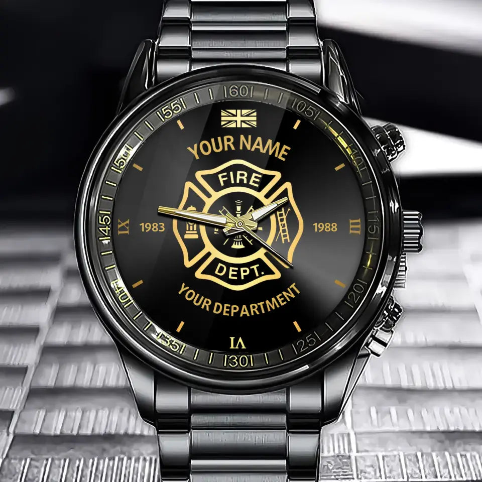 Personalized British Firefighter Black Stainless Steel Watch Printed QVD.24AP17