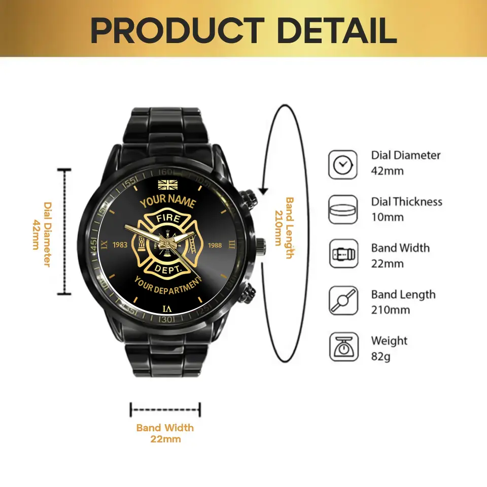 Personalized British Firefighter Black Stainless Steel Watch Printed QVD.24AP17