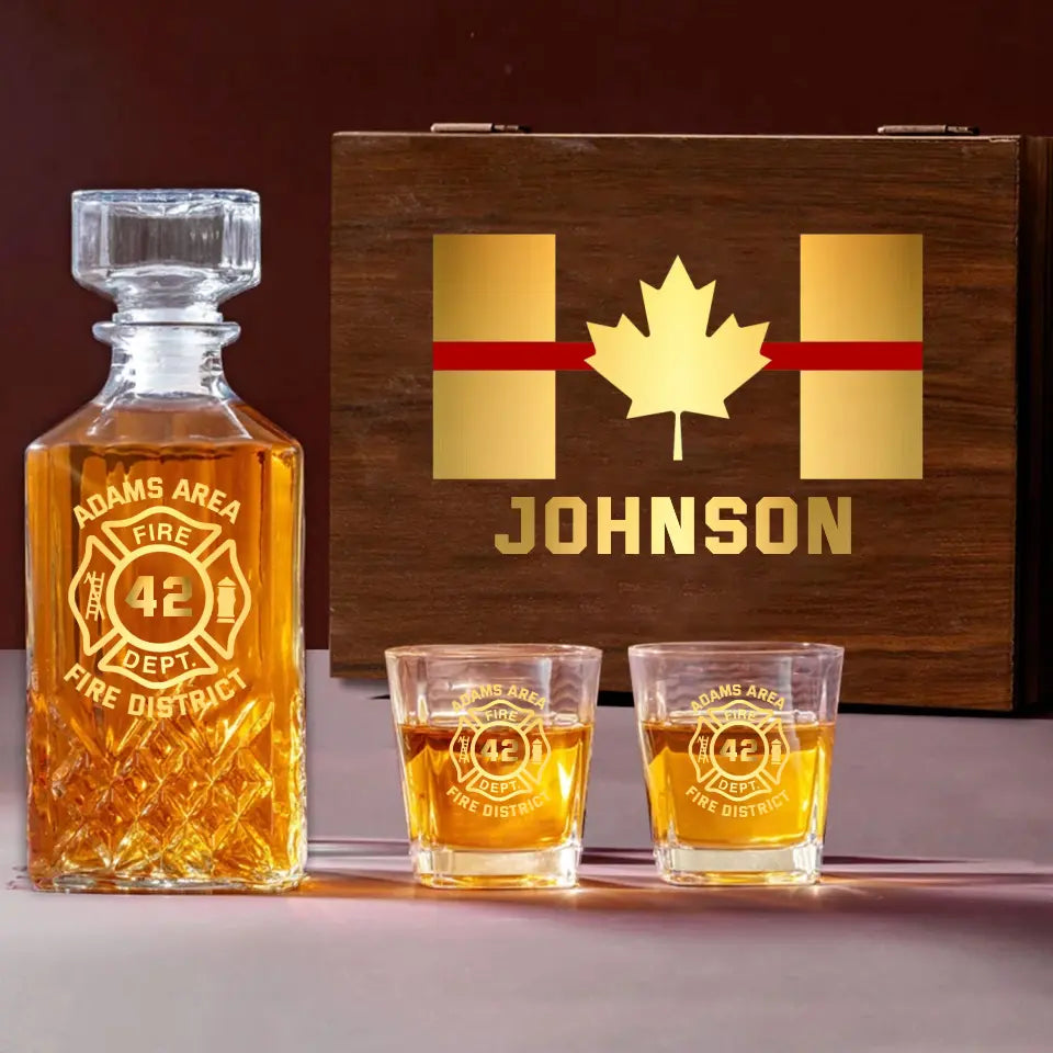 Personalized Canadian Firefighter Custom Name Department & ID Decanter Set with Glasses Printed TAQ1129