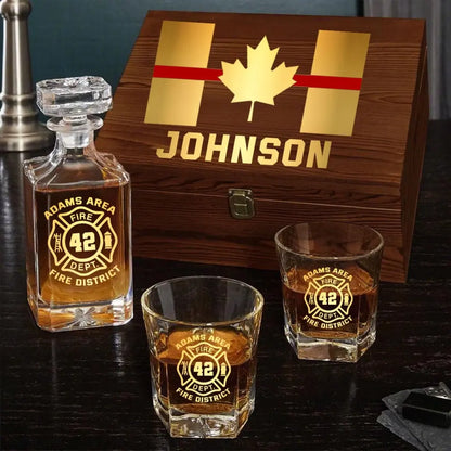 Personalized Canadian Firefighter Custom Name Department & ID Decanter Set with Glasses Printed TAQ1129