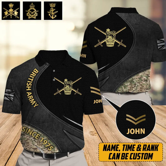 Personalized UK Veteran Branch Logo Rank Gold Custom Name & Time Polo Shirt Printed TAQ1144