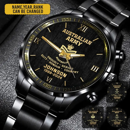 Personalized Australian Veteran/Soldier Black Stainless Steel Watch Printed QM.MAY1-2