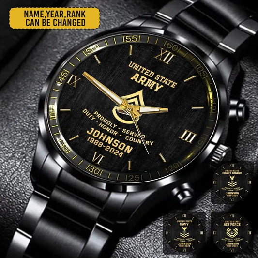 Personalized US Veteran/Soldier Black Stainless Steel Watch Printed QM.MAY1-2