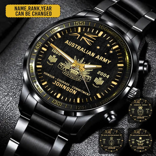 Personalized Australian Veteran/Soldier Black Stainless Steel Watch Printed QM.MAY1-3