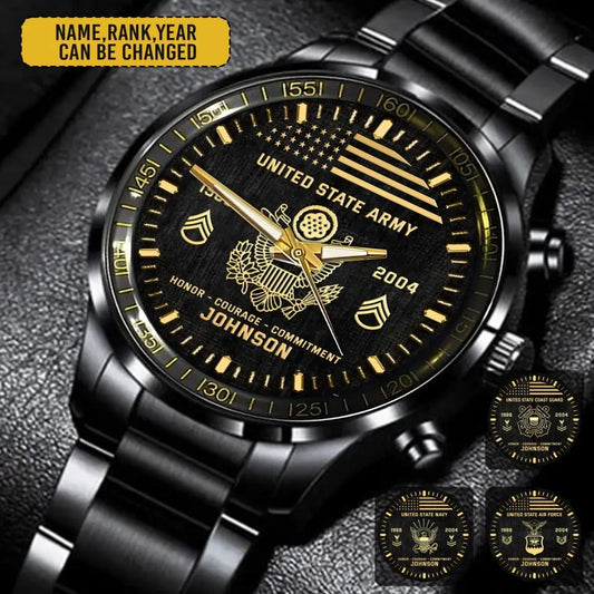 Personalized US Veteran/Soldier Black Stainless Steel Watch Printed QM.MAY1-3