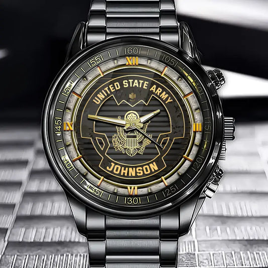 Personalized US Veteran/Soldier Black Stainless Steel Watch Printed QM.MAY3-1