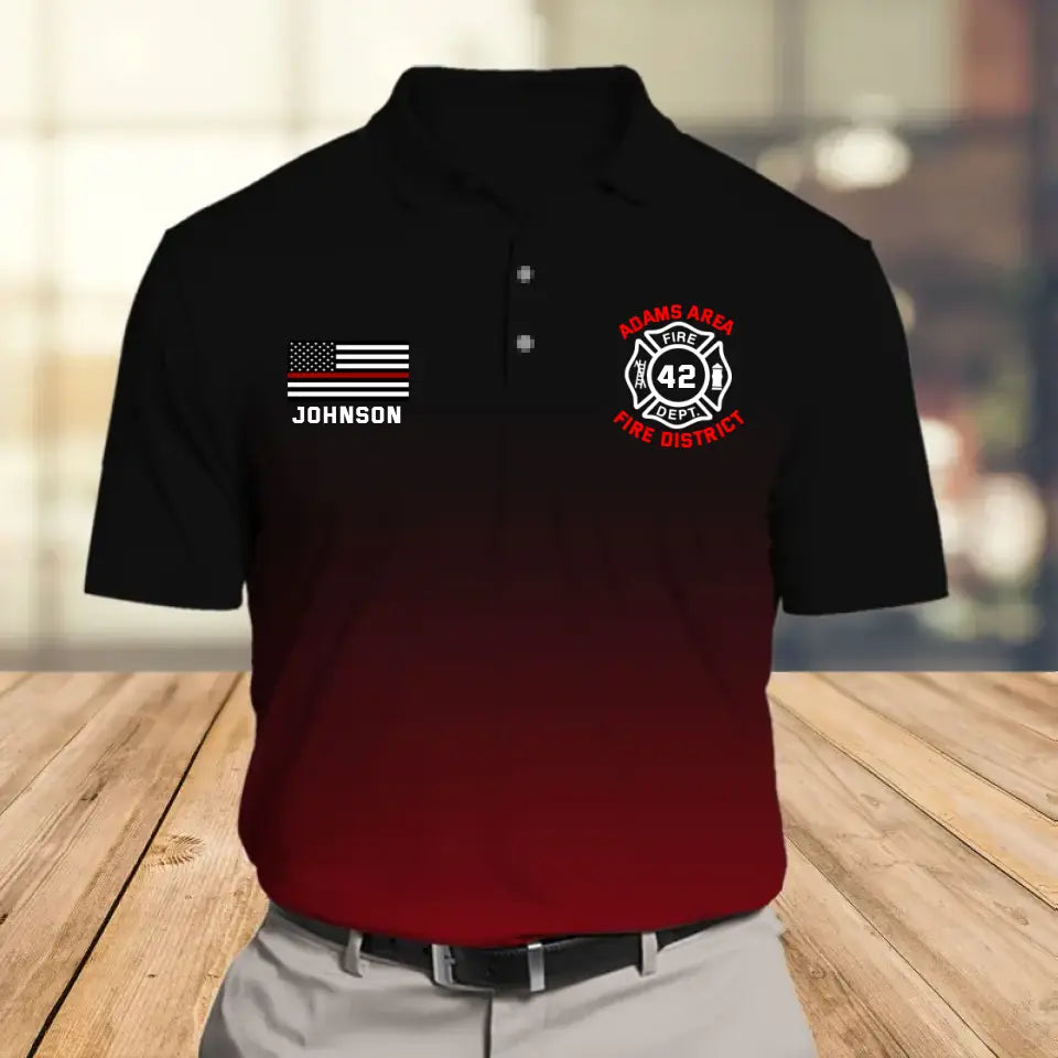 Personalized US Firefighter Flag Thin Red Line Custom ID, Name & Department Polo Shirt Printed TAQ1206