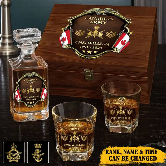 Personalized Canadian Veteran Branch Logo Rank Gold Custom Name Decanter Set with Glasses printed TAQ1366