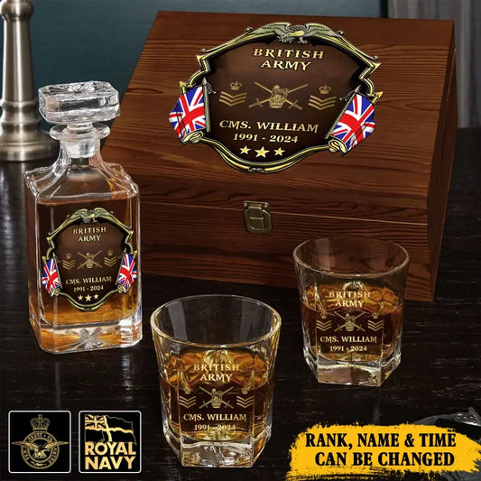 Personalized UK Veteran Branch Logo Rank Gold Custom Name Decanter Set with Glasses printed TAQ1366