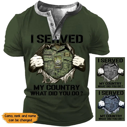 Personalized I Served My Country What Did You Do Canadian Veteran Rank Camo Lapel Button Men's Short Sleeves Neck Short Sleeve Button T shirt Printed TAQ1392