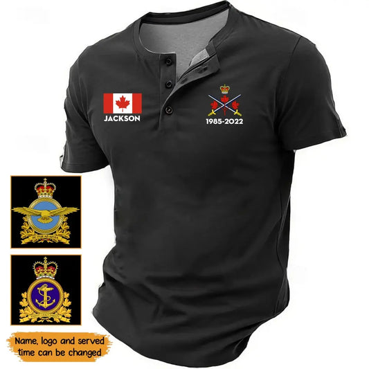 Personalized Canadian Veteran Branch Logo Custom Name & Time Lapel Button Men's Short Sleeves Neck Short Sleeve Button T shirt Printed TAQ1399