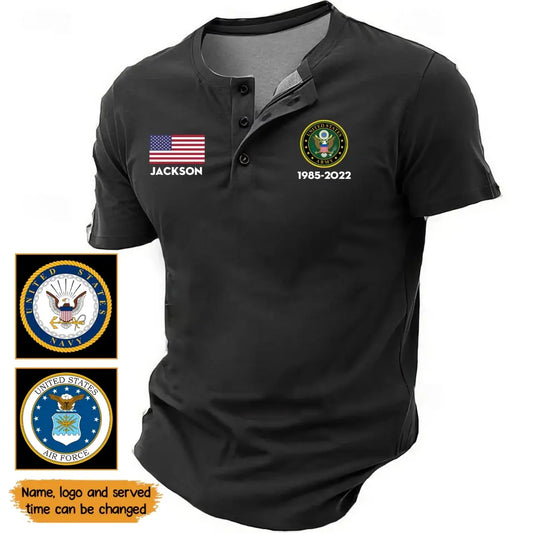 Personalized US Veteran Branch Logo Custom Name & Time Lapel Button Men's Short Sleeves Neck Short Sleeve Button T shirt Printed TAQ1399