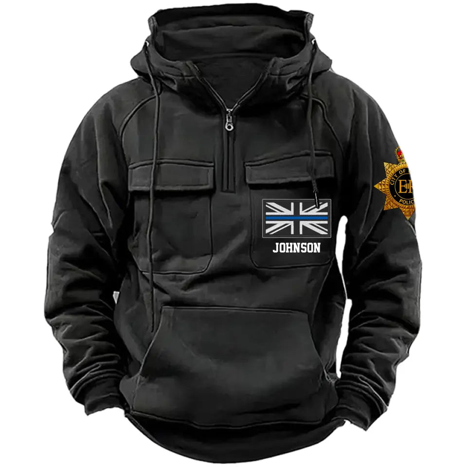 Personalized UK Police Branch Logo UK Police Flag Custom Name American Retro Hooded Sweatshirt Printed TAQ1405