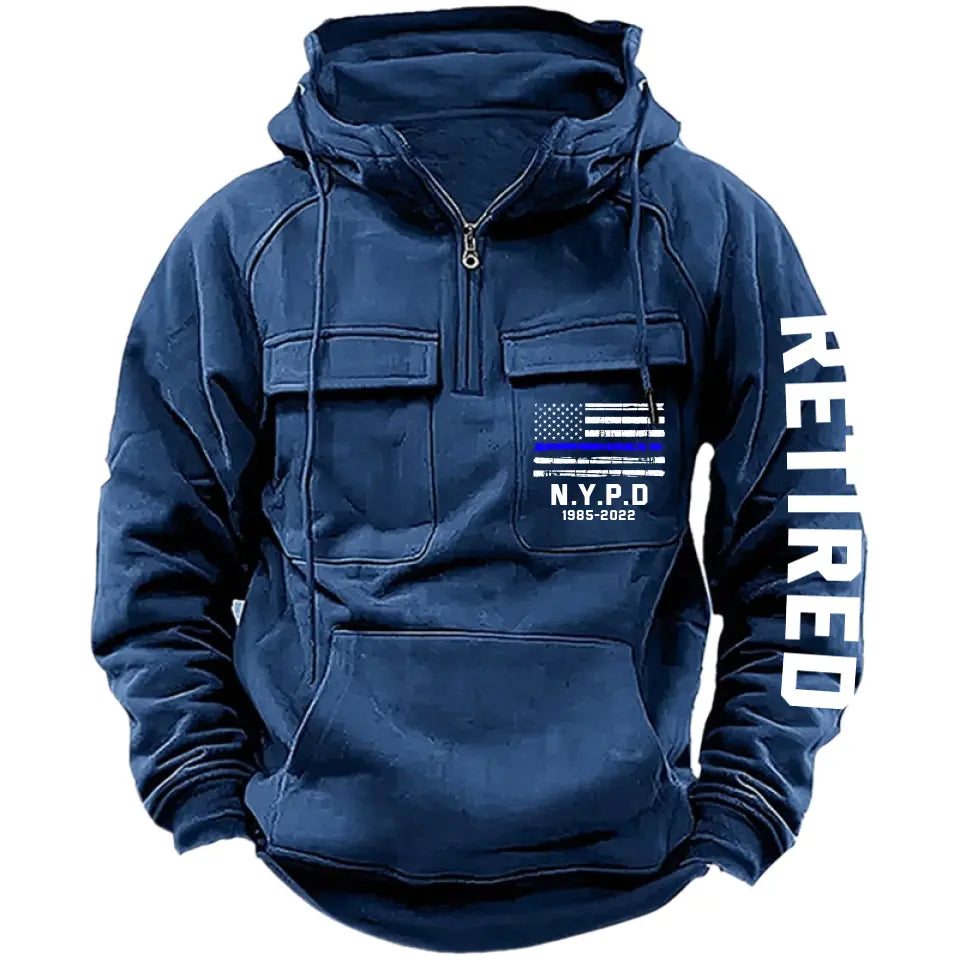 Personalized US Police Blue Line Custom Department & Service Time American Retro Hooded Sweatshirt Printed TAQ1386