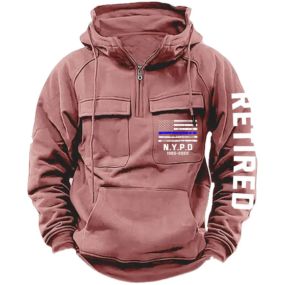 Personalized US Police Blue Line Custom Department & Service Time American Retro Hooded Sweatshirt Printed TAQ1386