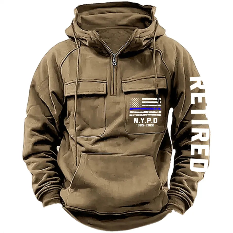 Personalized US Police Blue Line Custom Department & Service Time American Retro Hooded Sweatshirt Printed TAQ1386