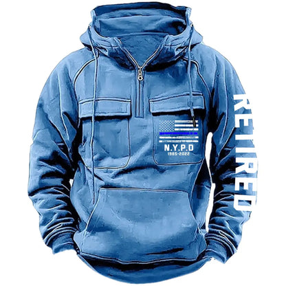 Personalized US Police Blue Line Custom Department & Service Time American Retro Hooded Sweatshirt Printed TAQ1386