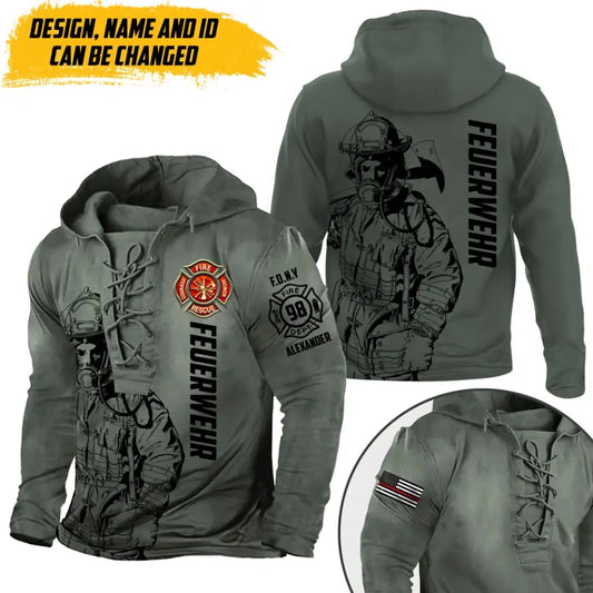 Personalized US Firefighter Custom Name, ID & Department Lace-up Long Sleeves Hoodie 3D Printed TAQ1421