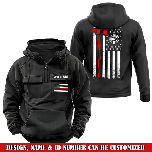 Personalized US Firefighter Logo US Flag Custom Name & ID American Retro Hooded Sweatshirt Printed TAQ1429