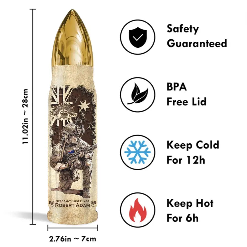 Personalized Australian Veteran Custom Rank & Name Bullet Tumbler Printed TAQ1456