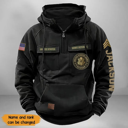 Personalized US Veteran Logo Custom Rank & Name American Retro Hooded Sweatshirt Printed TAQ1475