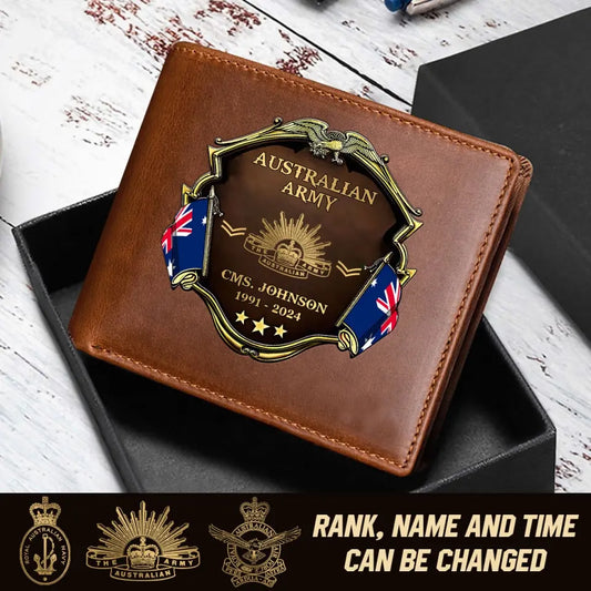 Personalized Australian Army Veteran Rank Gold Custom Name & Time Leather Wallet TAQ1611