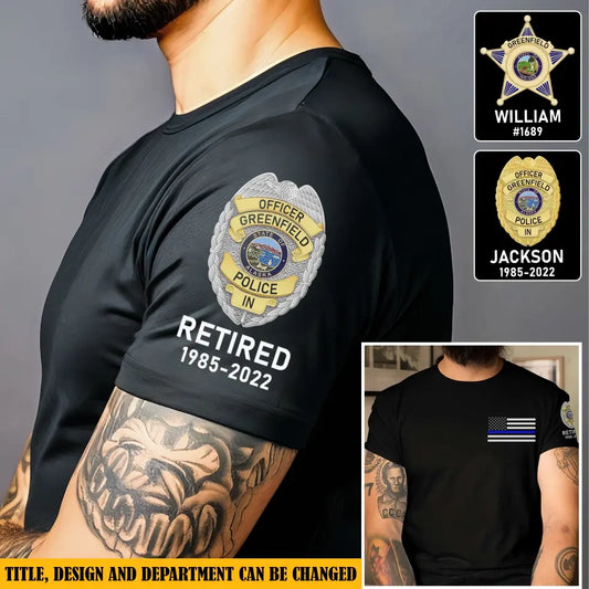 Personalized Retired US Police Badge & Service Time US Flag Blue Line T-shirt Printed TAQ1740